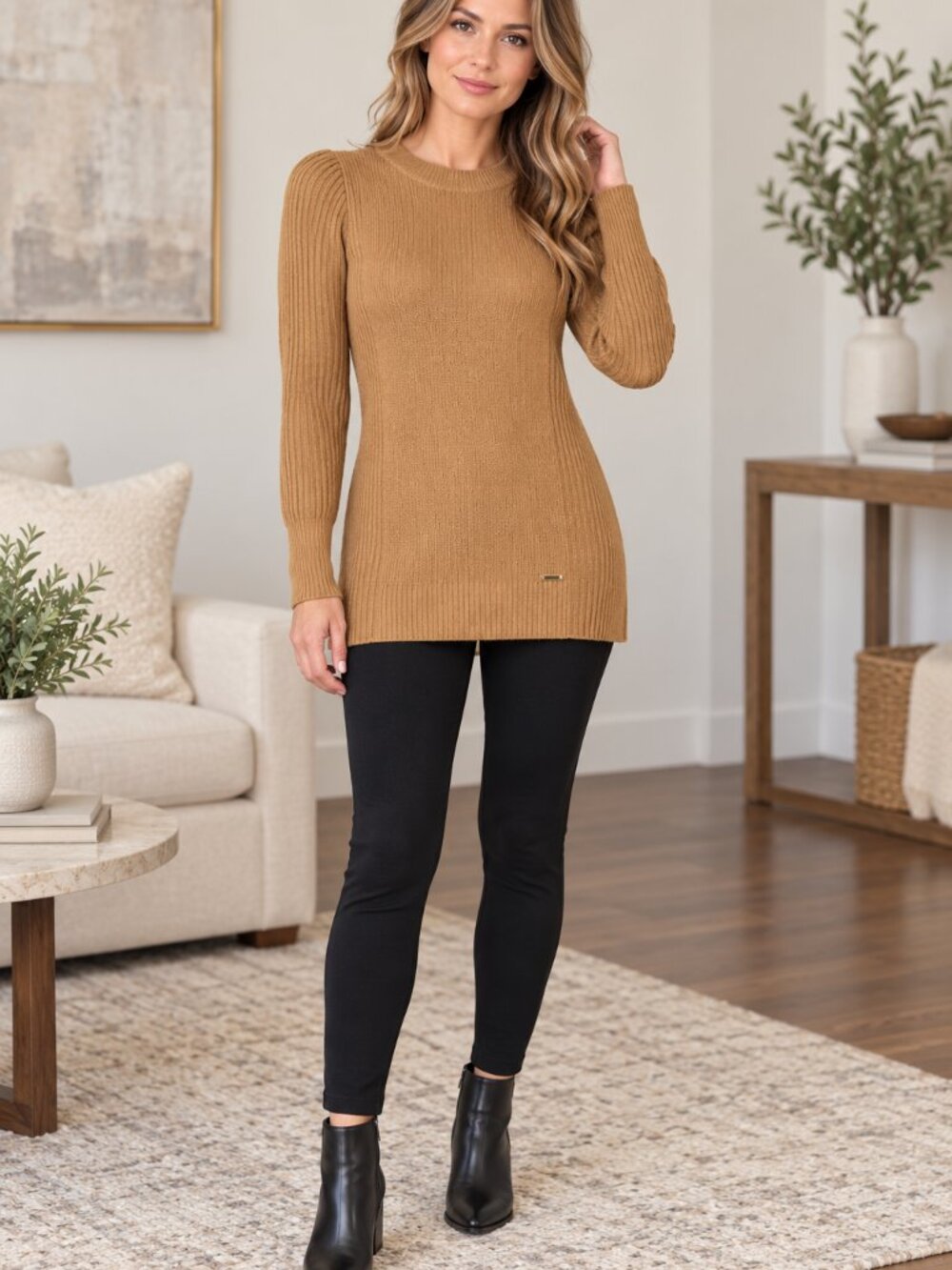 Tahari Women’s XS Camel Brown Ribbed Longline Tunic Sweater qm